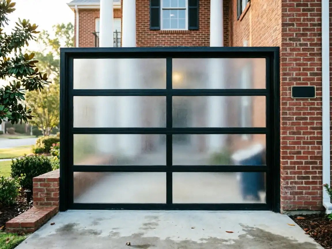 A modern garage door with frosted glass panels and black frames is on a brick house.