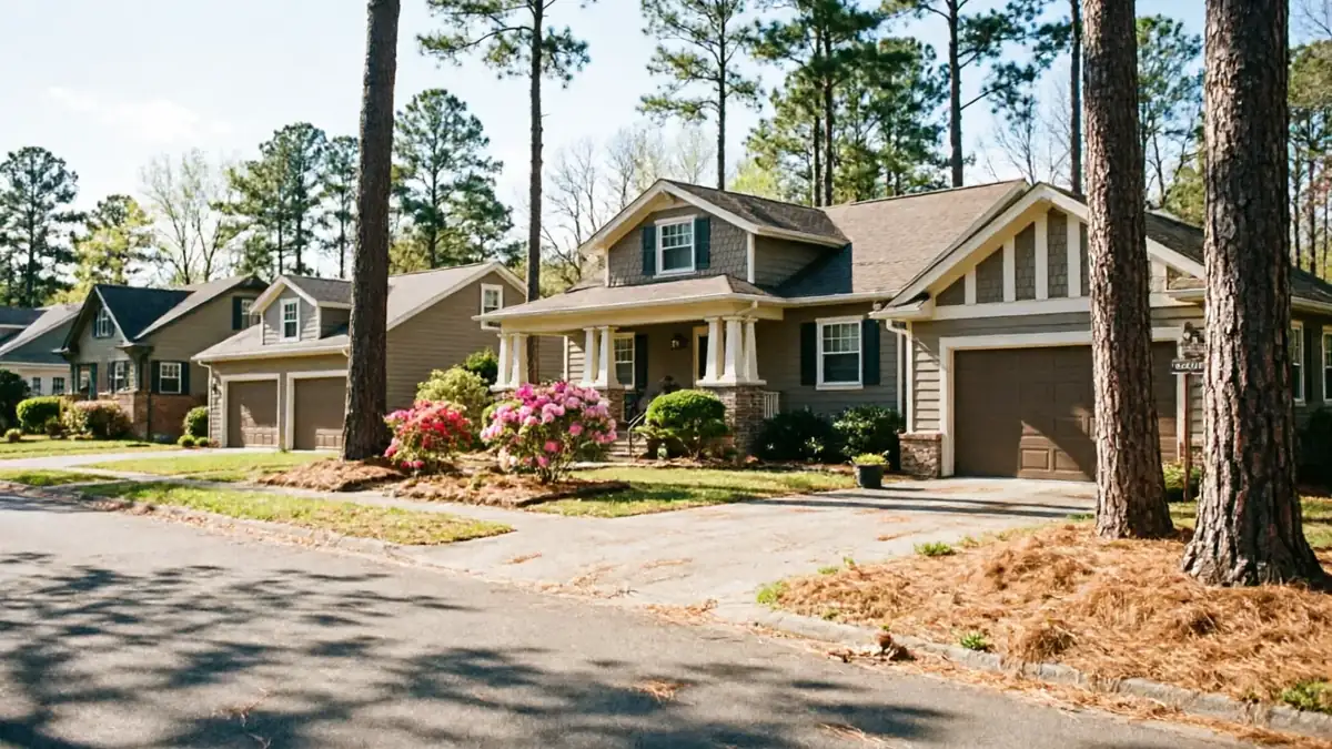 A street view shows several houses with brown garage doors and green landscaping.