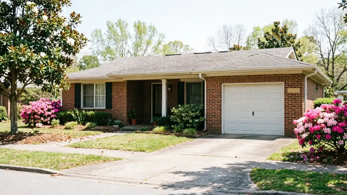 The house has a white garage door, brick walls, and a gray roof.