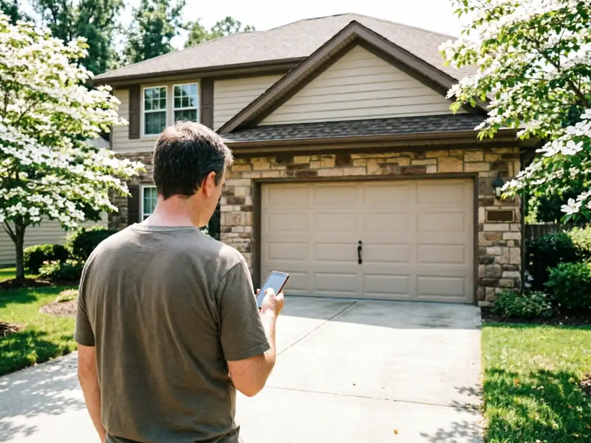 A man stands in a driveway, looking at his phone in front of a house with a garage door.
