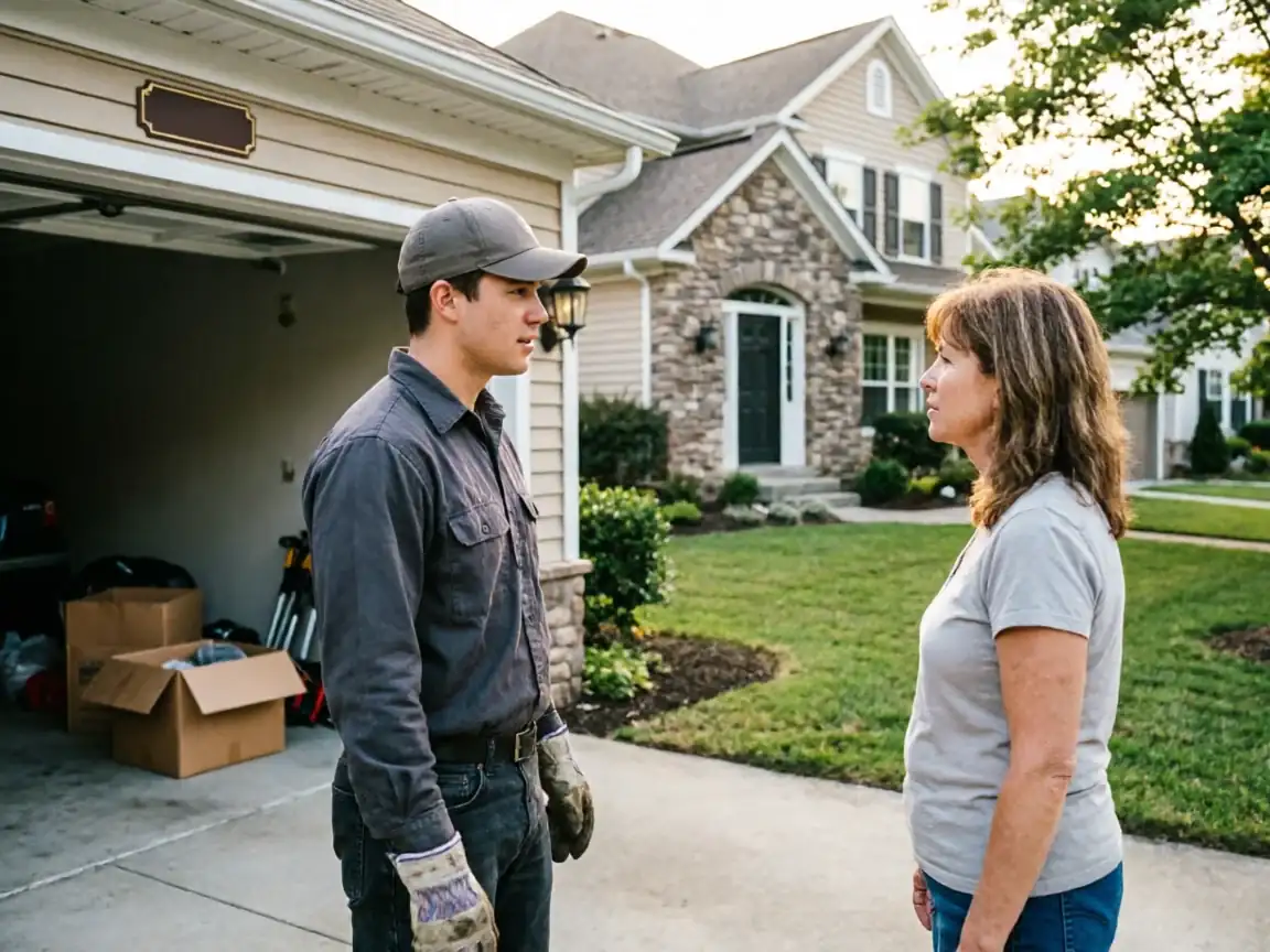 A technician in a gray shirt and a woman in a gray shirt stand facing each other.