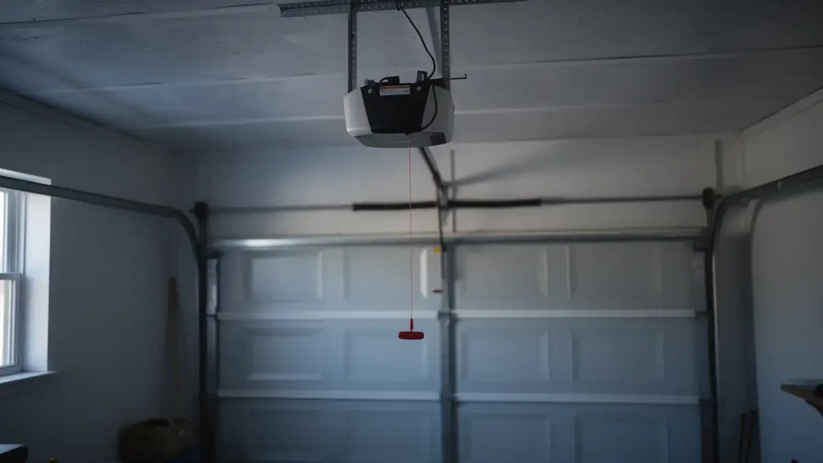 The garage door opener hangs from the ceiling above a closed white garage door.